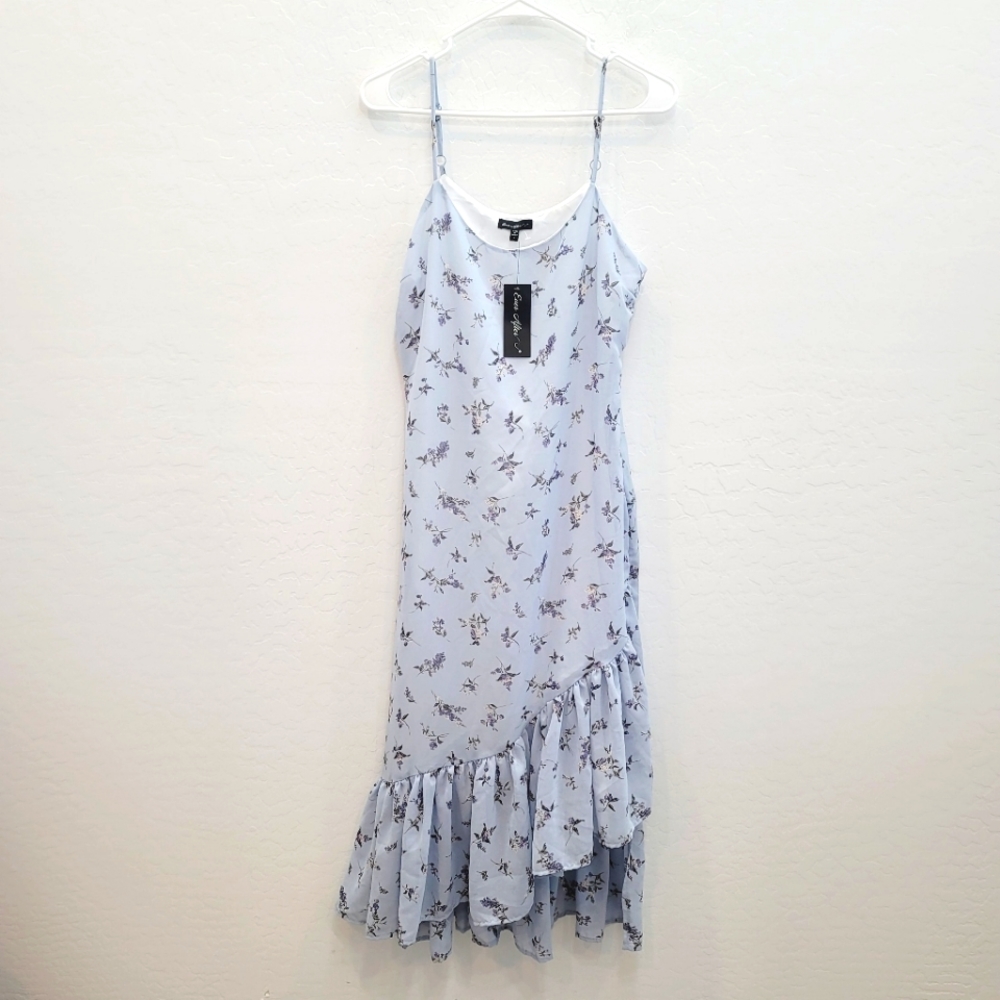 NWT Ever After Blue Floral Print Asymmetrical Hem Dress Women's Size Large